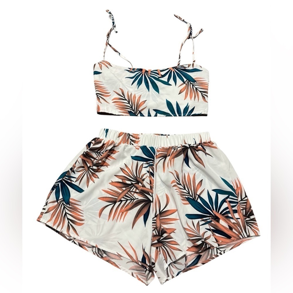 SHEIN Holidaya Tropical Tie Shoulder Shirred Cami Top With Shorts Size Medium